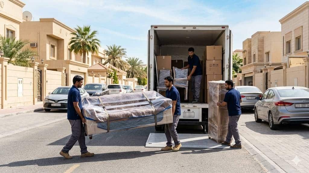 شاحنة نقل عفش حديثة ومغلقة لنقل الأثاث بأمان تام مع كراتين تغليف متينة في منطقة الأندلس.