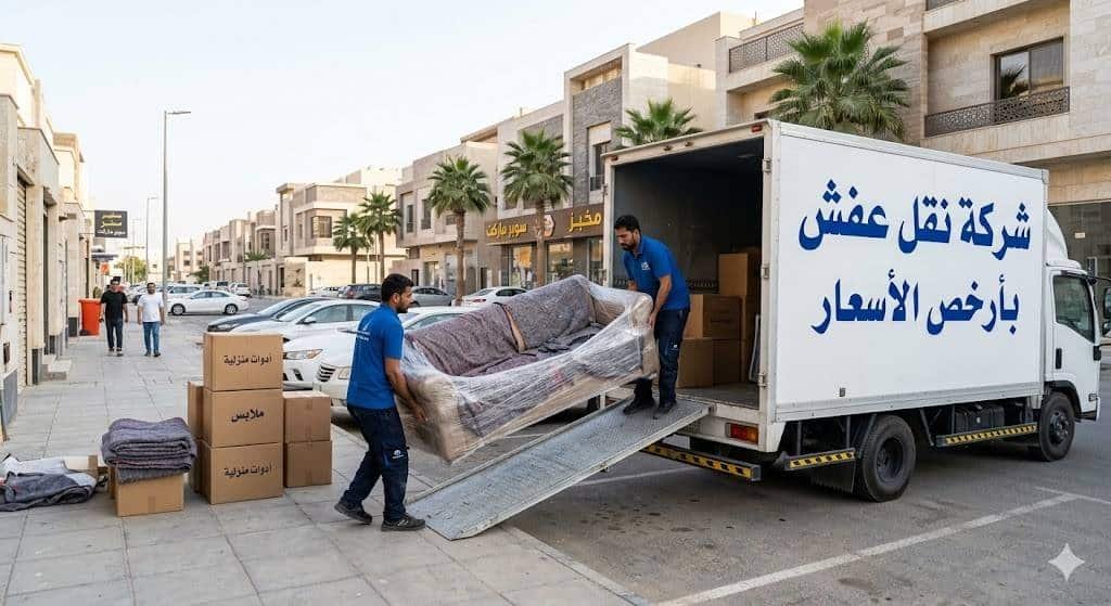 عمال محترفون يقومون بتغليف ونقل الأثاث بأمان وعناية فائقة بأسعار تنافسية واقتصادية باستخدام شاحنات نقل مجهزة