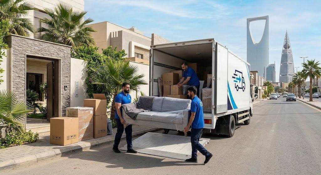فريق عمل محترف يقوم بتغليف ونقل الأثاث بعناية فائقة ضمن خدمات نقل عفش في الإحساء لضمان حماية الممتلكات ووصولها بأمان تام وبدون أي خدوش.