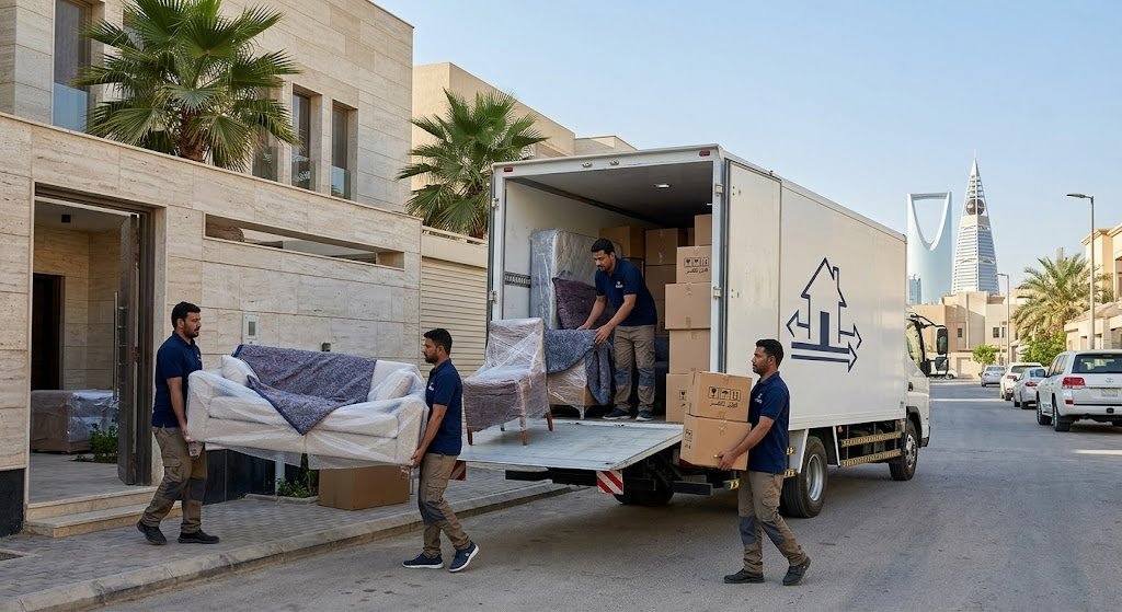 فريق عمل محترف يقوم بتغليف ونقل العفش والأثاث المنزلي والمكتبي ضمن خدمات شركات نقل في الإحساء لضمان حماية المنقولات ووصولها بأمان ودون أي خسائر.