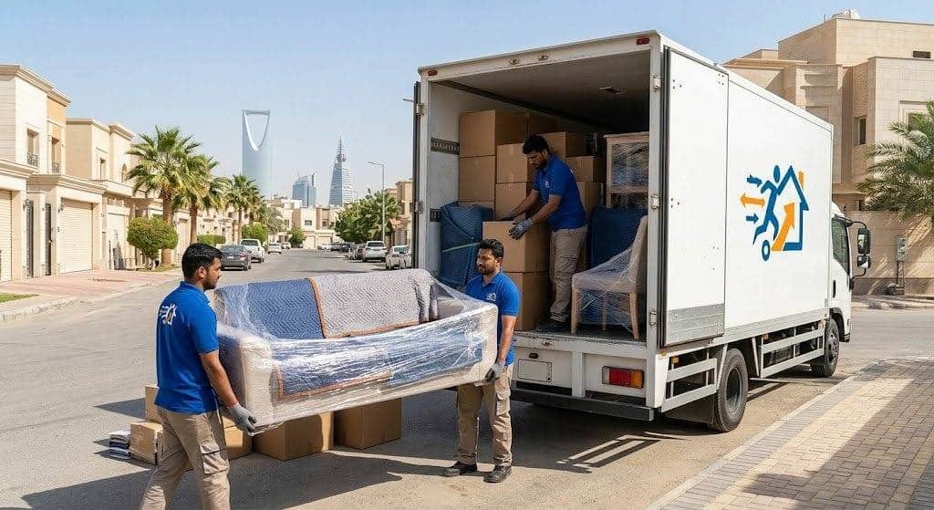 فريق محترف يقوم بتغليف وتحميل الأثاث بعناية فائقة ضمن خدمات نقل أثاث في الإحساء لضمان وصول الممتلكات بأمان وبدون أي خدوش.