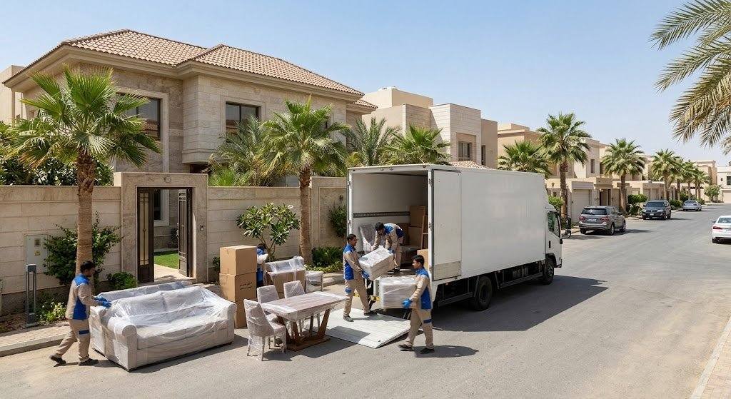 فريق عمل محترف يقوم بفك وتغليف ونقل الأثاث بعناية ضمن خدمات نقل عفش القارة بالإحساء لضمان حماية المنقولات وسلامتها.